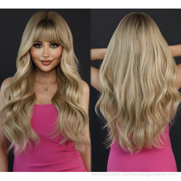 Long Wavy Wigs with Bangs Ombre Dark Blonde